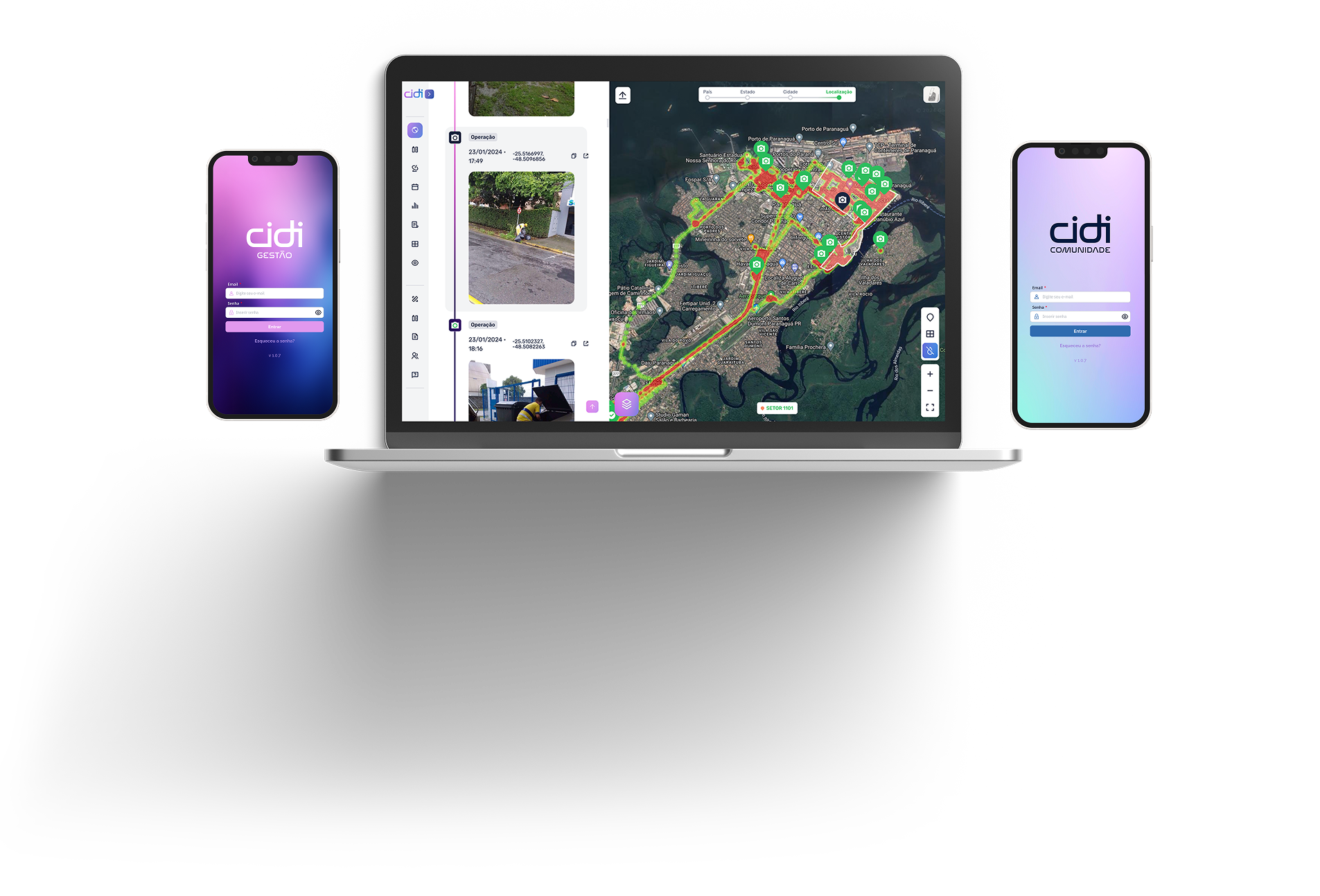 Imagem de um laptop e dois smartphones. O laptop mostra um mapa interativo com marcações e uma lista de ocorrências com imagens no sistema CIDI. Os smartphones exibem telas de login para os aplicativos 'CIDI Gestão' e 'CIDI Comunidade'.