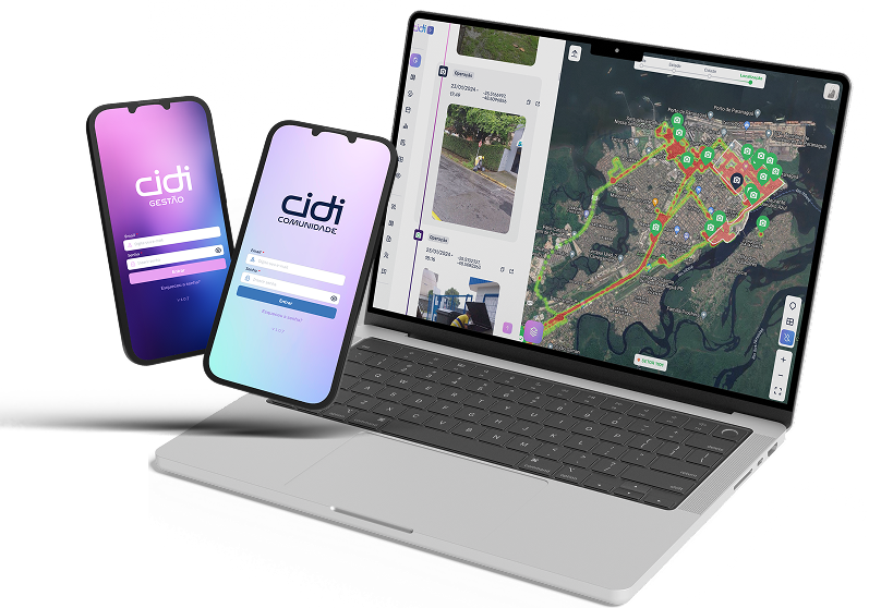 Imagem de um laptop e dois smartphones. O laptop mostra um mapa interativo com marcações e uma lista de ocorrências com imagens no sistema CIDI. Os smartphones exibem telas de login para os aplicativos 'CIDI Gestão' e 'CIDI Comunidade'.